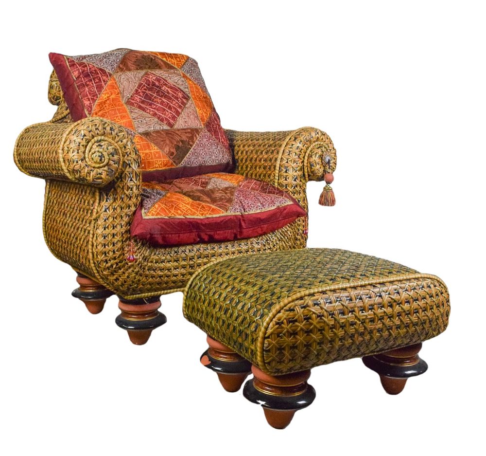 Appraisal: Mackenzie Childs Rattan Arm Chair and Footstool Mackenzie-Childs Ltd of