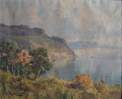 Appraisal: R ROMANO italian th century COVE SCENE WITH SAILBOAT Signed