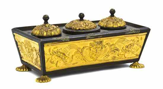 Appraisal: A Continental Gilt Bronze Encrier having three inkwells with gilt