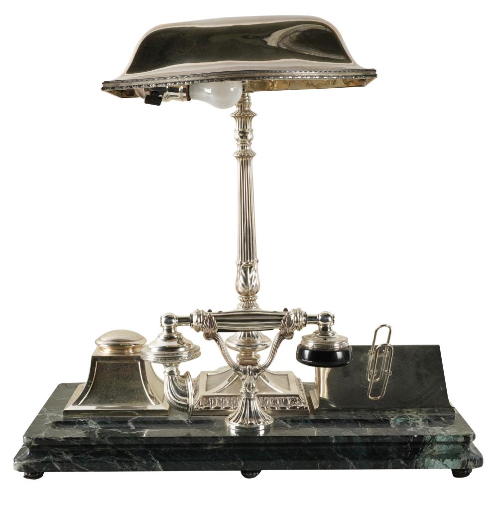 Appraisal: SILVERPLATE TELEPHONE DESK SETcomprising a lamp two inkwells a letter