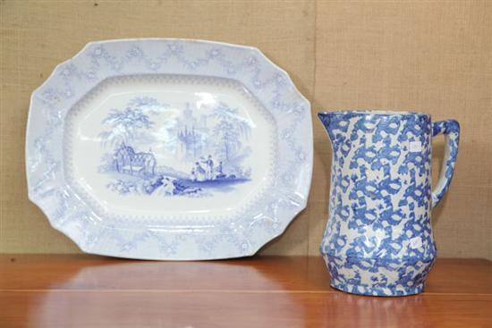 Appraisal: STAFFORDSHIRE PLATTER AND SPONGEWARE PITCHER Light blue romantic transfer of