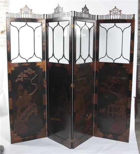 Appraisal: A black and gilt lacquer four fold draught screen circa