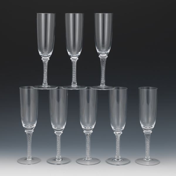 Appraisal: EIGHT STEUBEN STYLE CRYSTAL AIR TWIST DESIGN CHAMPAGNE FLUTES Slim