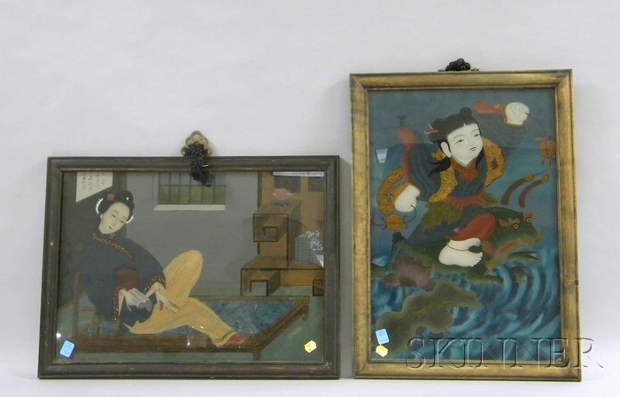 Appraisal: Two Framed Asian Paintings including a woman on a bed