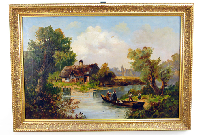 Appraisal: BRITISH SCHOOL th century Oil on canvas Landscape with family