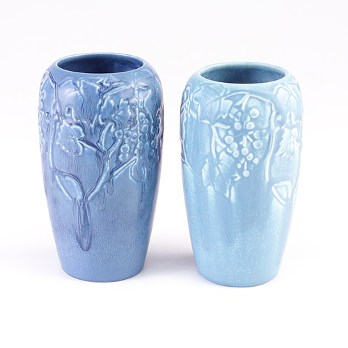 Appraisal: ROOKWOOD Two ovoid Production vases embossed with grapevines and covered