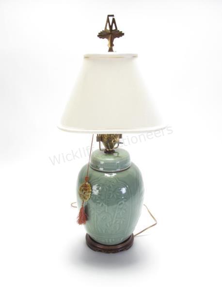 Appraisal: Chinese Celadon Ginger Jar Lamp green porcelain lamp with floral