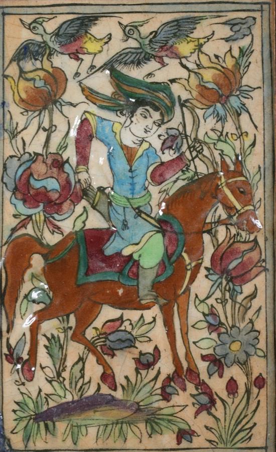 Appraisal: PERSIAN POLYCHROME POTTERY TILE With hunter on horse back in