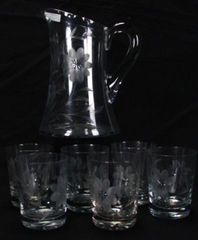 Appraisal: Vintage Pattern Glass Pitcher Tumblers with etched floral decoration ''