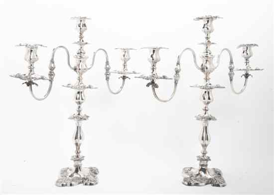 Appraisal: A Pair of Sheffield Plate Three-Light Candelabra each having a