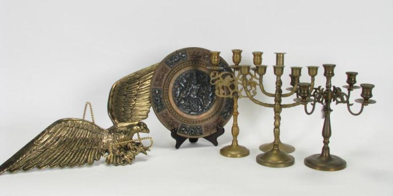 Appraisal: Group of brass and brass-finished decorative accessories including candlesticks brass