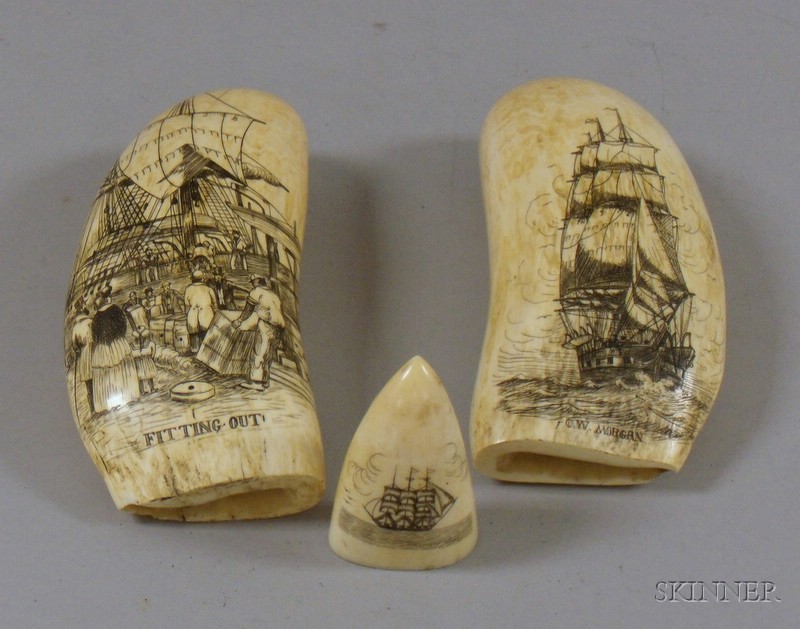 Appraisal: Three Whale's Teeth with th Century Scrimshaw Decoration including a