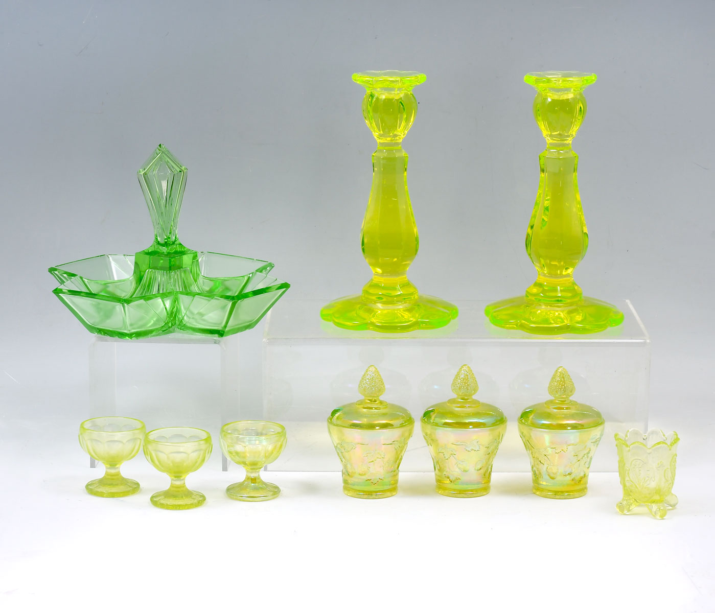 Appraisal: PC URANIUM VASELINE GLASS COLLECTION Comprising - Candlesticks - Art