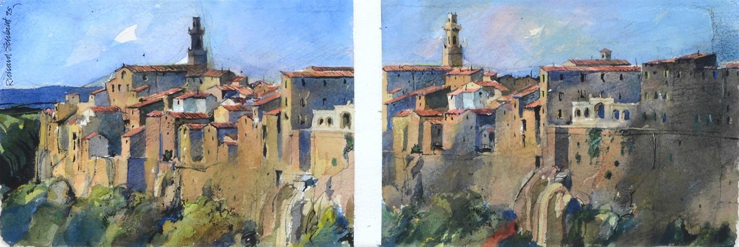 Appraisal: Richard Schlecht American b watercolor Two Views of Pitigliano signed