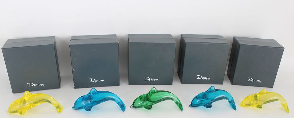 Appraisal: Daum France Colored Dolphins in Original Boxes Daum France Colored