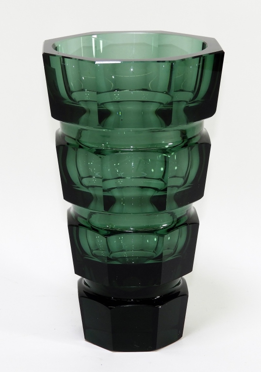 Appraisal: CZECH BOHEMIAN MOSER FACETED GREEN GLASS VASE Czechoslovakia Circa Hexagonal