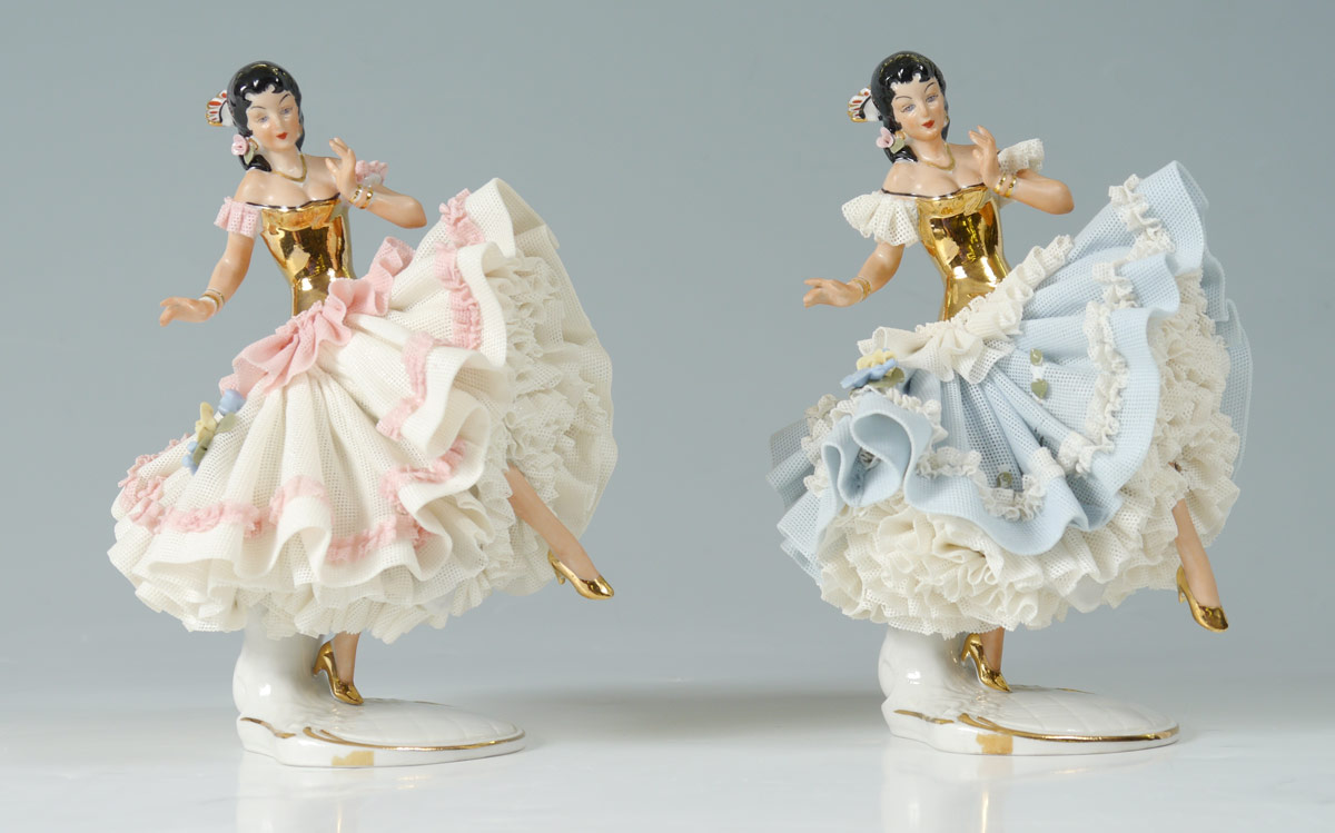 Appraisal: TWO DRESDEN LACY FIGURINES '' h x '' CONDITION Loss