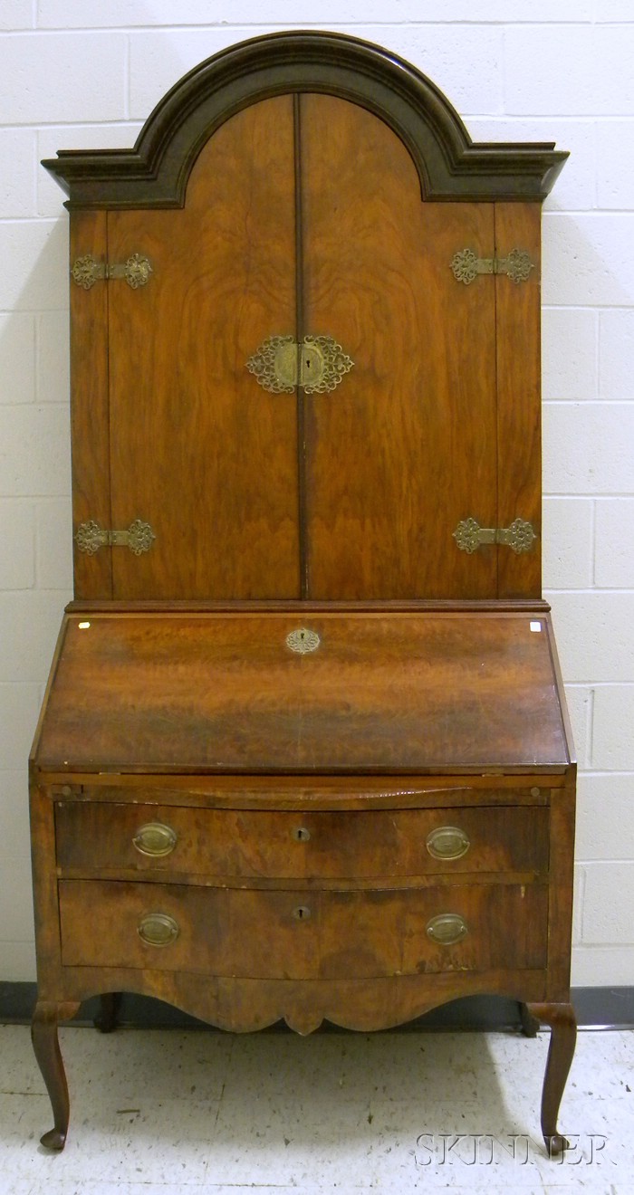 Appraisal: Queen Anne-style Burlwood Veneer Slant-lid Secretary