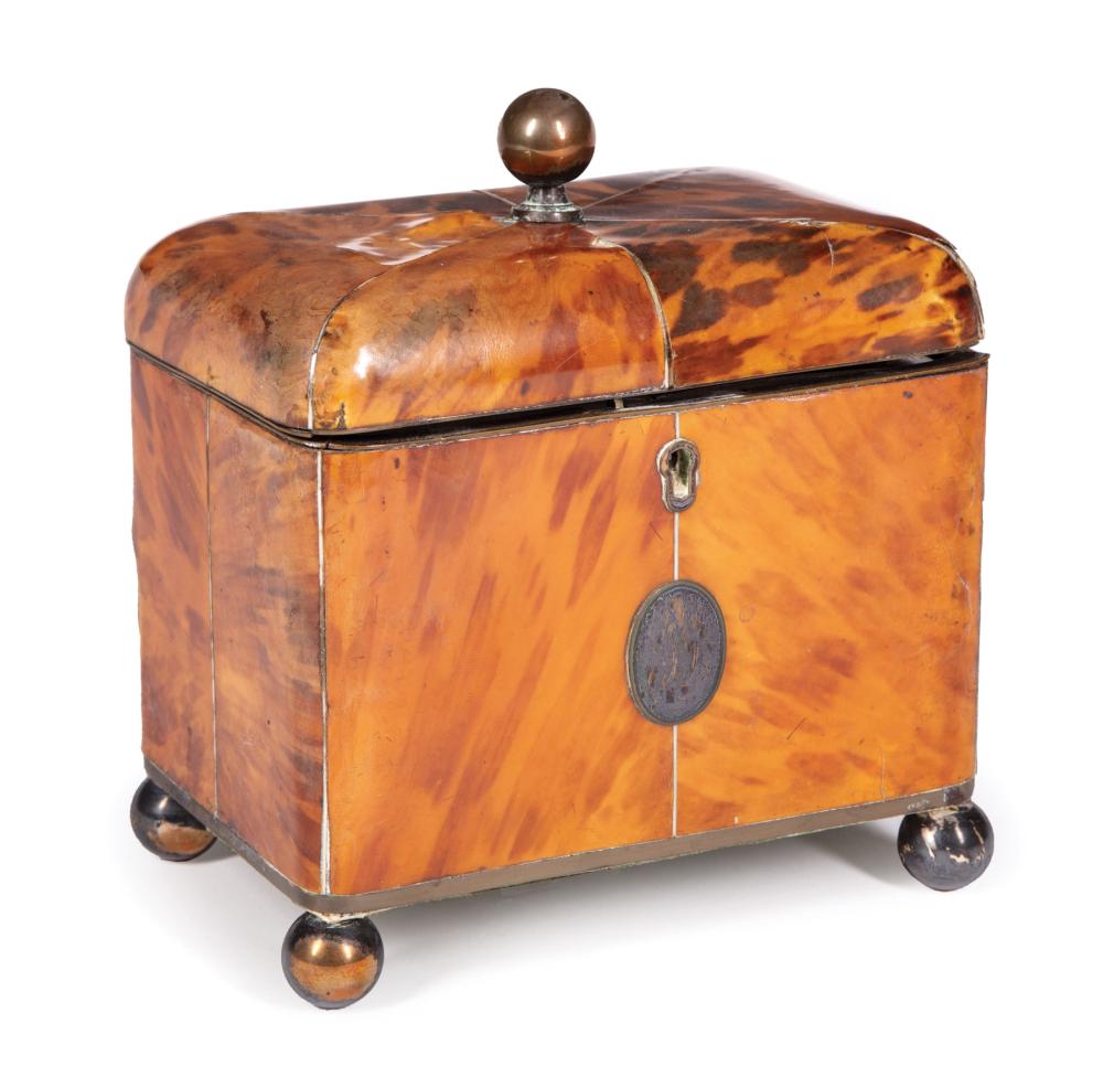 Appraisal: Georgian Tortoiseshell Tea Caddy th c radial veneered lid interior