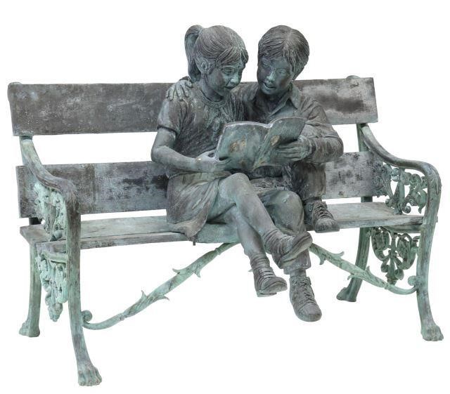 Appraisal: Verdigris bronze garden sculpture Young Boy and Girl Reading on