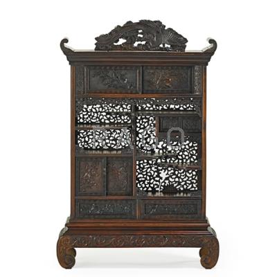 Appraisal: CHINESE MINIATURE CURIO CABINET ON STAND Asian hardwood with carved