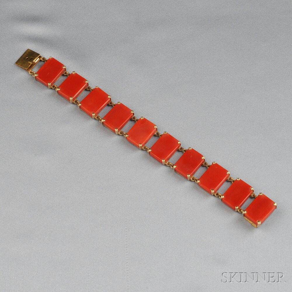 Appraisal: kt Gold and Coral Bracelet set with ten coral tablets