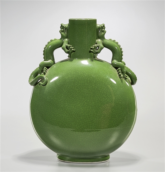 Appraisal: Chinese green crackle glazed porcelain moon flask chilong handles x