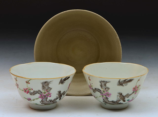 Appraisal: Pair of Chinese small bowlsblossom and birds Republic period cm