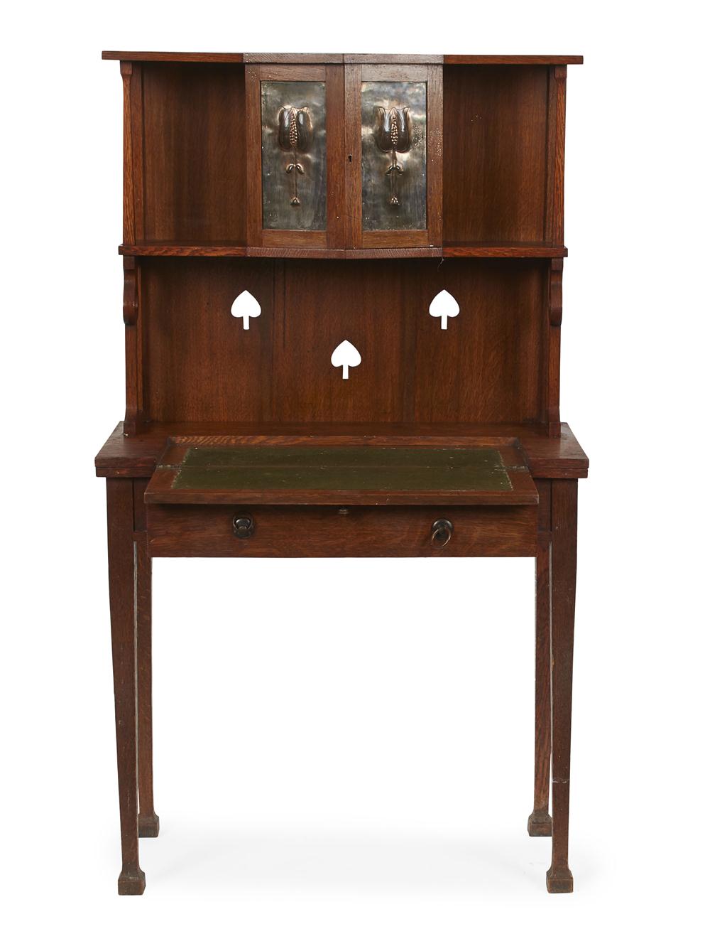 Appraisal: ARTS CRAFTS MAHOGANY LADY'S WRITING DESK CIRCA the pierced superstructure