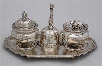 Appraisal: CONTINENTAL ROCOCO SILVER ENCRIER The oblong molded stand on quadruple