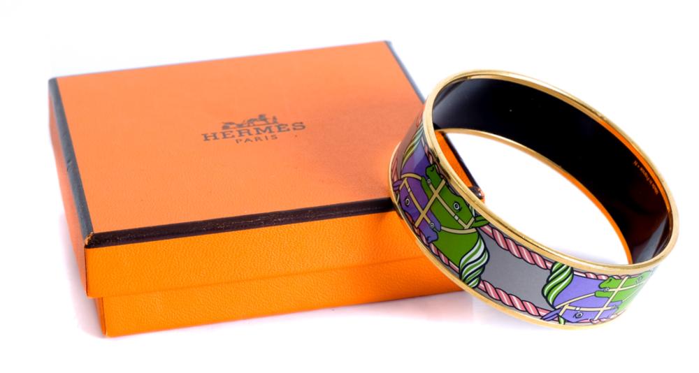 Appraisal: HERMES ENAMEL EQUESTRIAN HORSE BANGLE BRACELETHermes Paris gold plated green