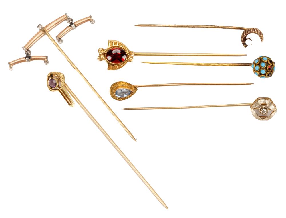 Appraisal: GROUP FIVE KARAT YELLOW GOLD GEM-SET STICK PINSone pin with