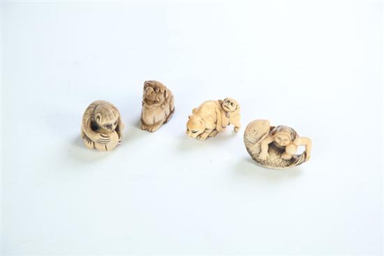 Appraisal: FOUR NETSUKES Japan th century ivory Elephant monkey with ball