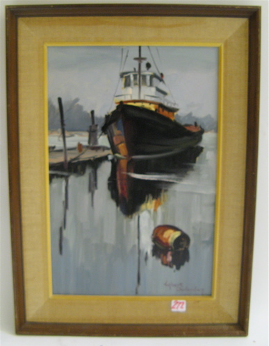 Appraisal: EGBERT OUTENDAG OIL ON MASONITE Canadian - Tugboat at harbor