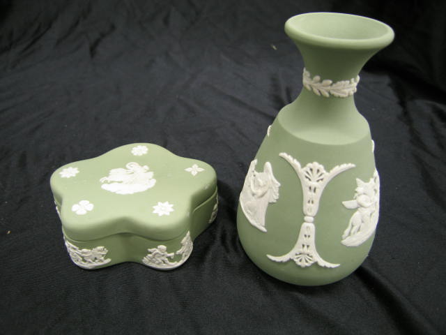 Appraisal: Wedgwood Green Jasperware Items bud vase trinket box