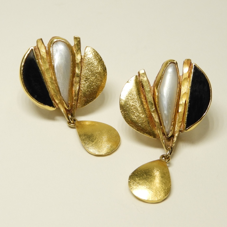 Appraisal: FINE K K GOLD M O P ONYX DESIGNER EARRINGS