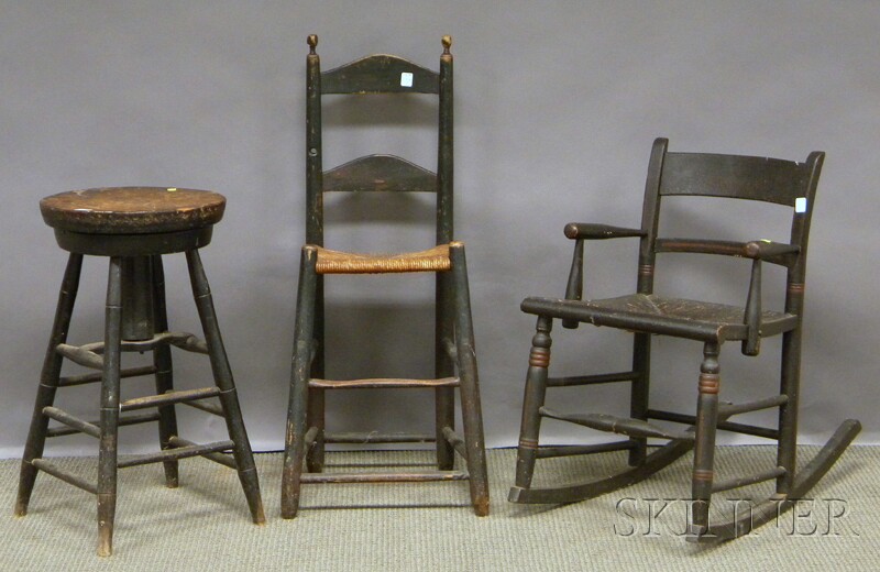 Appraisal: Black-painted Swivel Seat Work Stool with Splayed Legs and Three