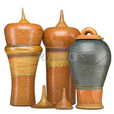 Appraisal: VAL CUSHING b Three large glazed stoneware lidded jars in