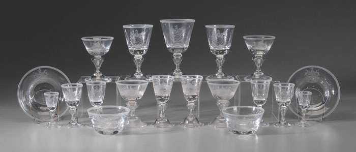 Appraisal: Set Hand-Blown Glass Tableware th century wheel engraved with one