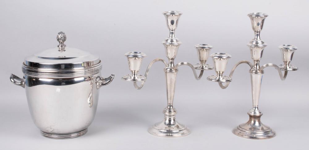 Appraisal: PAIR OF GORHAM SILVER WEIGHTED THREE-LIGHT CANDELABRA AND A SHEFFIELD