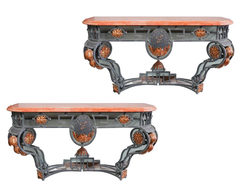 Appraisal: PAIR OF IRON MARBLE CONSOLE TABLESSmodern each with removable top