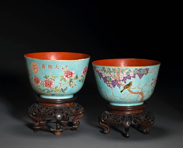 Appraisal: A pair of turquoise ground famille rose enameled porcelain bowls