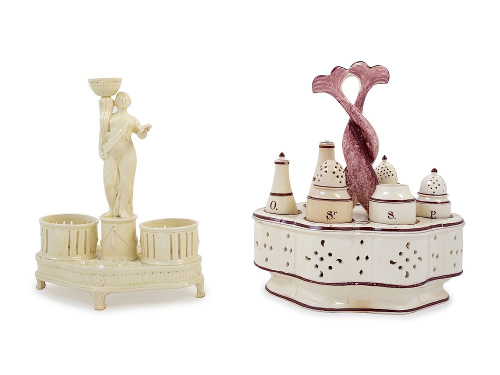 Appraisal: A Wedgwood Creamware Cruet Stand and a Leeds Creamware Cruet