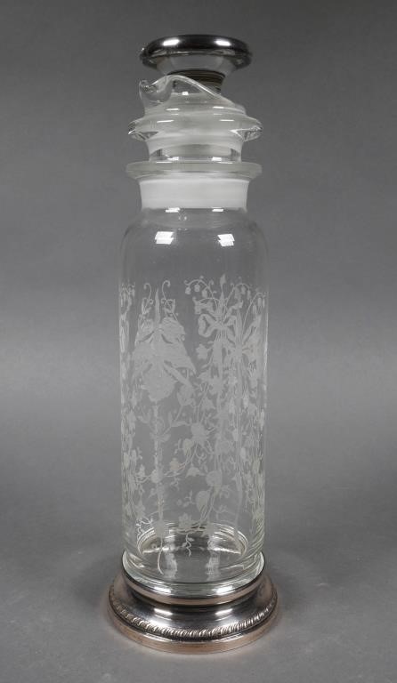 Appraisal: Vintage Heisey orchid etched glass piece cocktail shaker with sterling