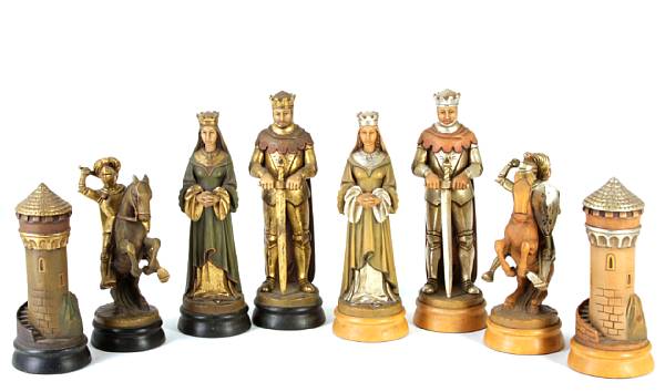 Appraisal: A hand carved paint decorated wood chess set missing one