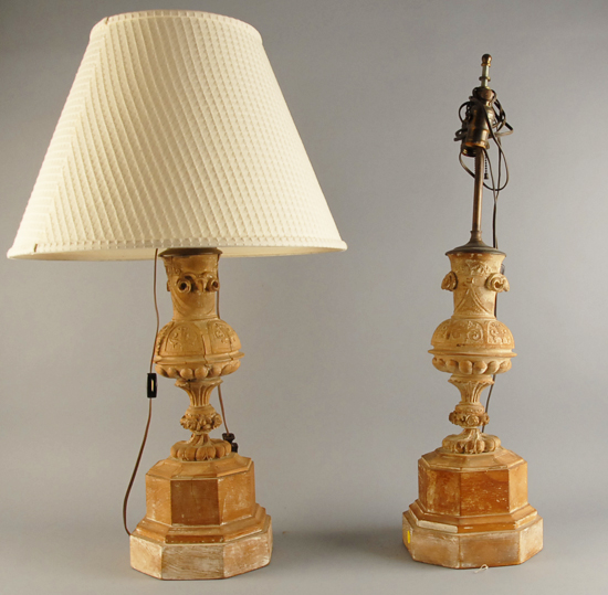 Appraisal: A Pair of Carved Wood Lamps urn forms on octagonal