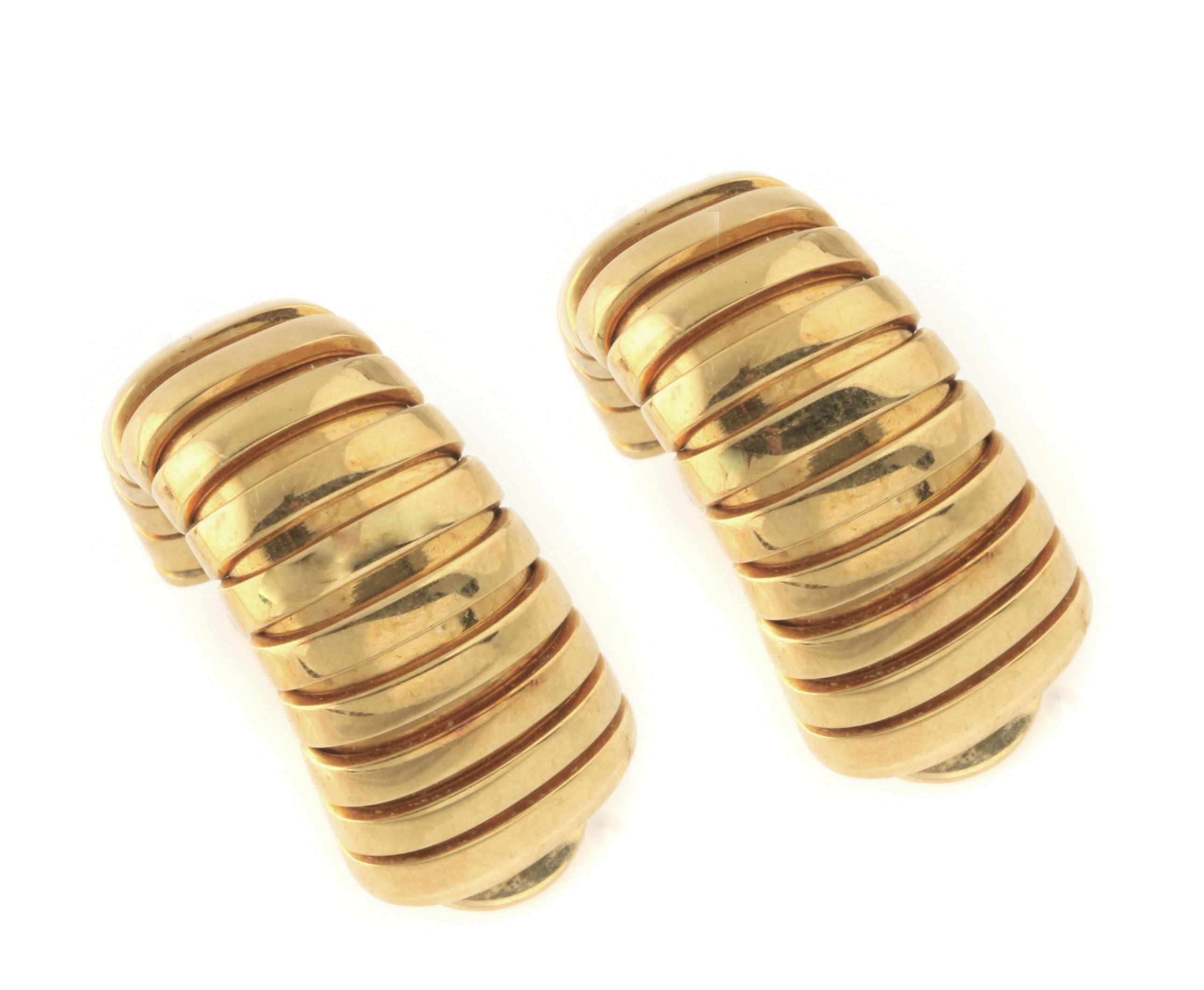 Appraisal: A pair of gold tubogas earclips Bvlgari each signed Bvlgari