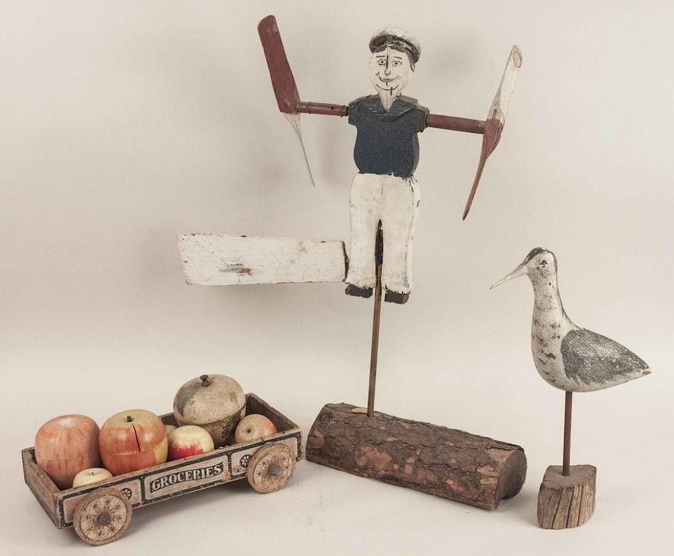 Appraisal: Vintage Whirligig Carved Shorebird and Wagon Vintage carved wood sailor