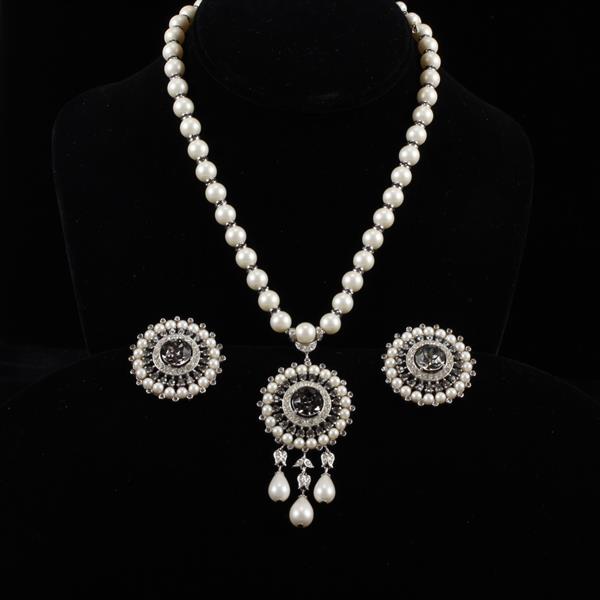 Appraisal: Trifari pc Pearl drop rhinestone pendant necklace with clip earrings