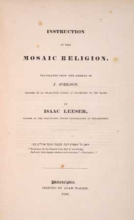 Appraisal: JUDAICA Johlson Joseph Instruction in the Mosaic Religion vo original